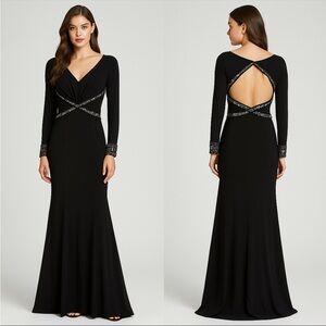 Mac Duggal Elegant Black Backless Dress with Silver Highlights